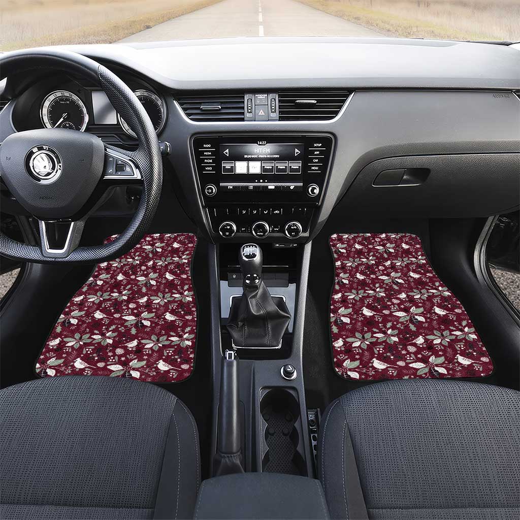 Wine red front car mats with Christmas motif, placed on driver and passenger floors