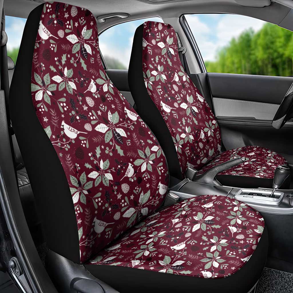 Maroon car seat cover with white Christmas floral and bird pattern, front seats