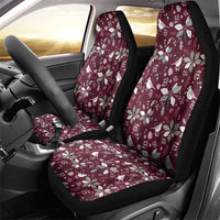 Maroon vehicle seat cover set with white poinsettia-like flowers and bird print