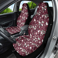 Maroon car seat cover pair with white Christmas floral and bird pattern, rear seats