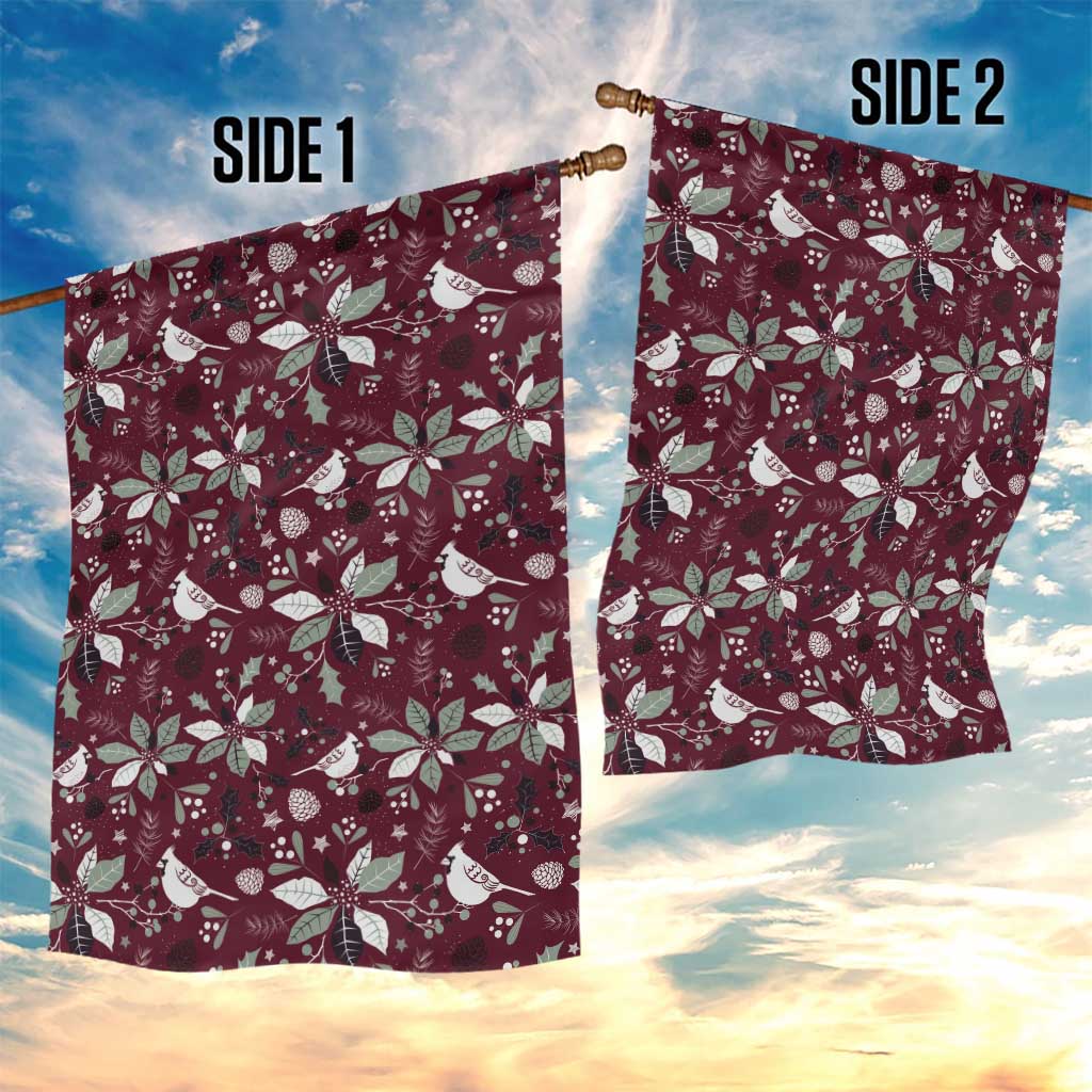 Wine red double-sided garden flag with white poinsettias and birds pattern