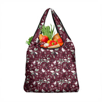 Wine red holiday tote grocery bag with white botanical pattern and dual carry handles