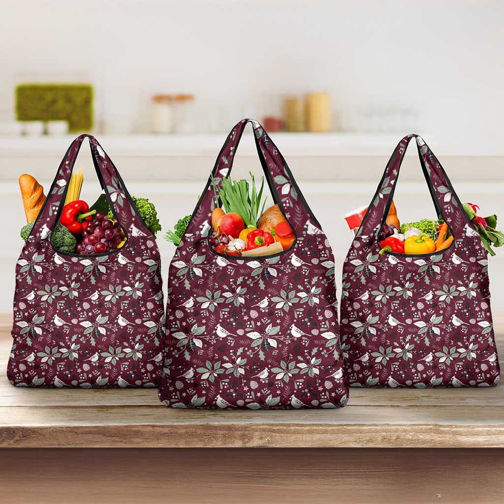 Set of wine red holiday tote bags with white botanical pattern and dual carry handles
