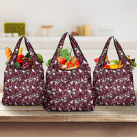 Set of wine red holiday tote bags with white botanical pattern and dual carry handles