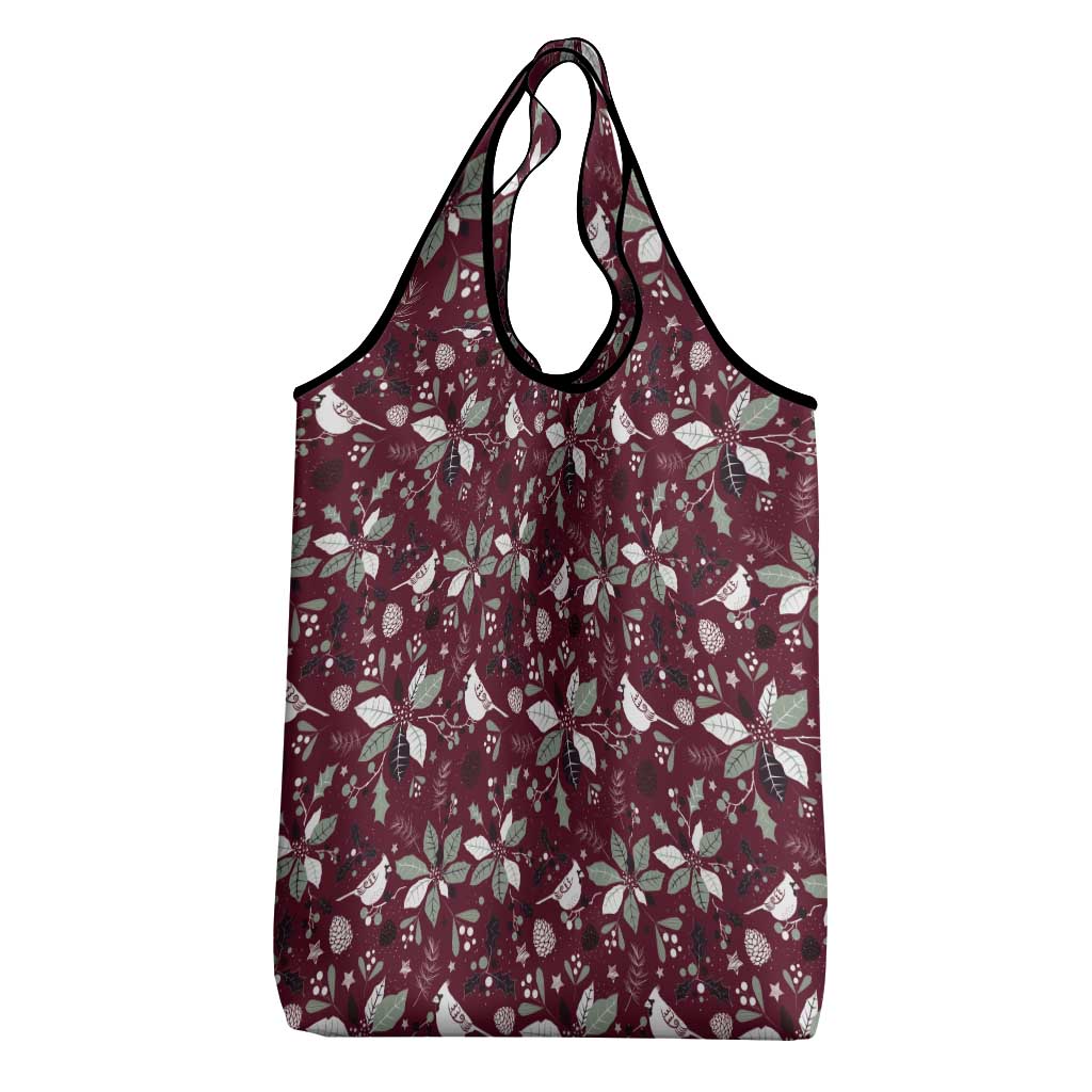 Wine red holiday tote grocery bag with white botanical pattern and top loop handle opening