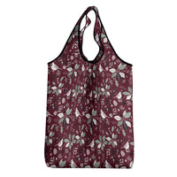 Wine red holiday tote grocery bag with white botanical pattern and top loop handle opening
