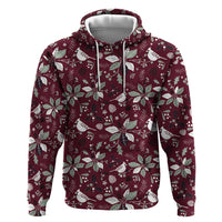Wine-red zip hoodie with hood, festive bird-and-leaf pattern, white trim and drawstrings