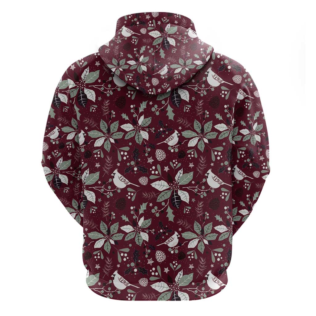Back of wine-red zip hoodie with hood, festive bird-and-leaf pattern, white trim
