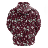 Back of wine-red zip hoodie with hood, festive bird-and-leaf pattern, white trim