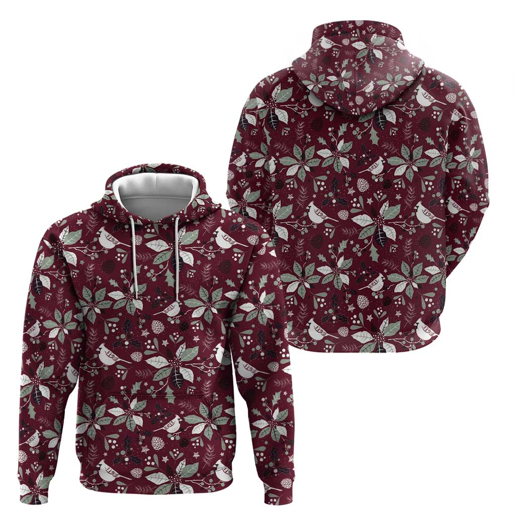 Two wine-red zip hoodies with hood, festive bird-and-leaf pattern, white trim