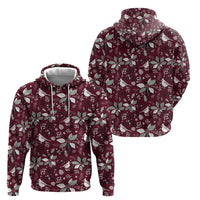 Two wine-red zip hoodies with hood, festive bird-and-leaf pattern, white trim