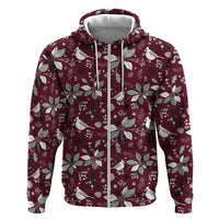 Front wine-red zip hoodie with hood, festive bird-and-leaf pattern, white drawstrings