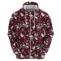 Wine-red zip hoodie with hood, festive bird-and-leaf pattern, white trim and zipper