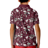 Kid polo shirt in wine red with white Christmas bird and poinsettia pattern, short sleeves