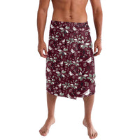 Men's wine-red lavalava-style shorts with white Christmas floral and star pattern