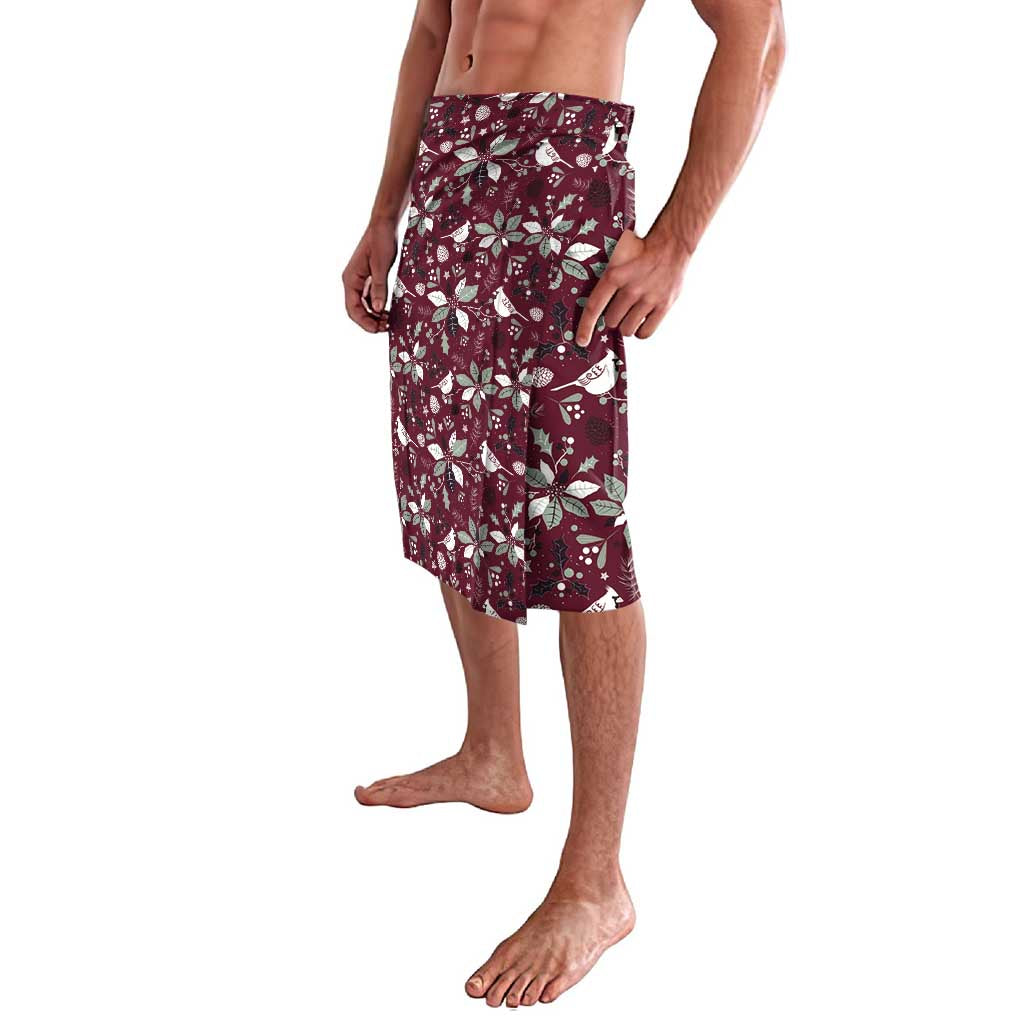 Men's wine-red lavalava-style shorts with white poinsettia, snowflake, and star print
