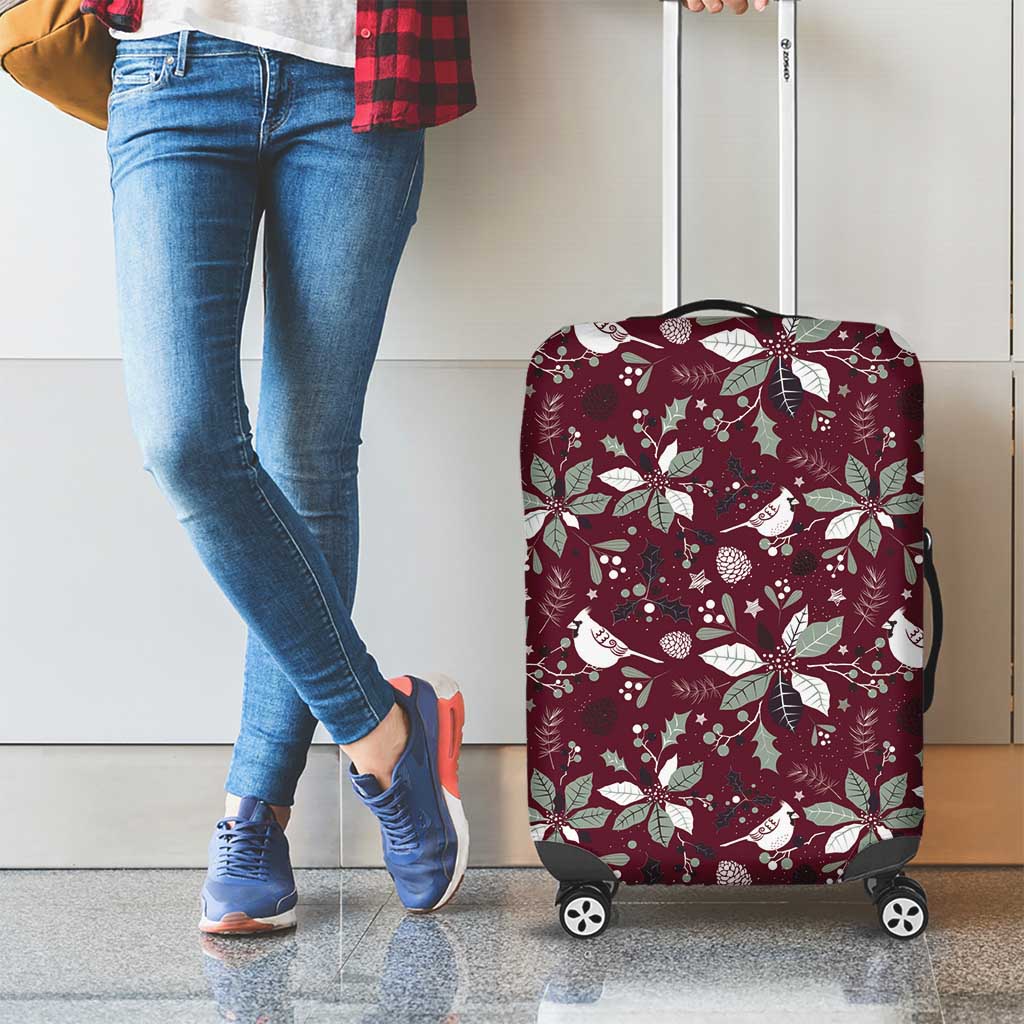 Wine red suitcase cover with holiday floral and bird print, zip-closed top and four wheels