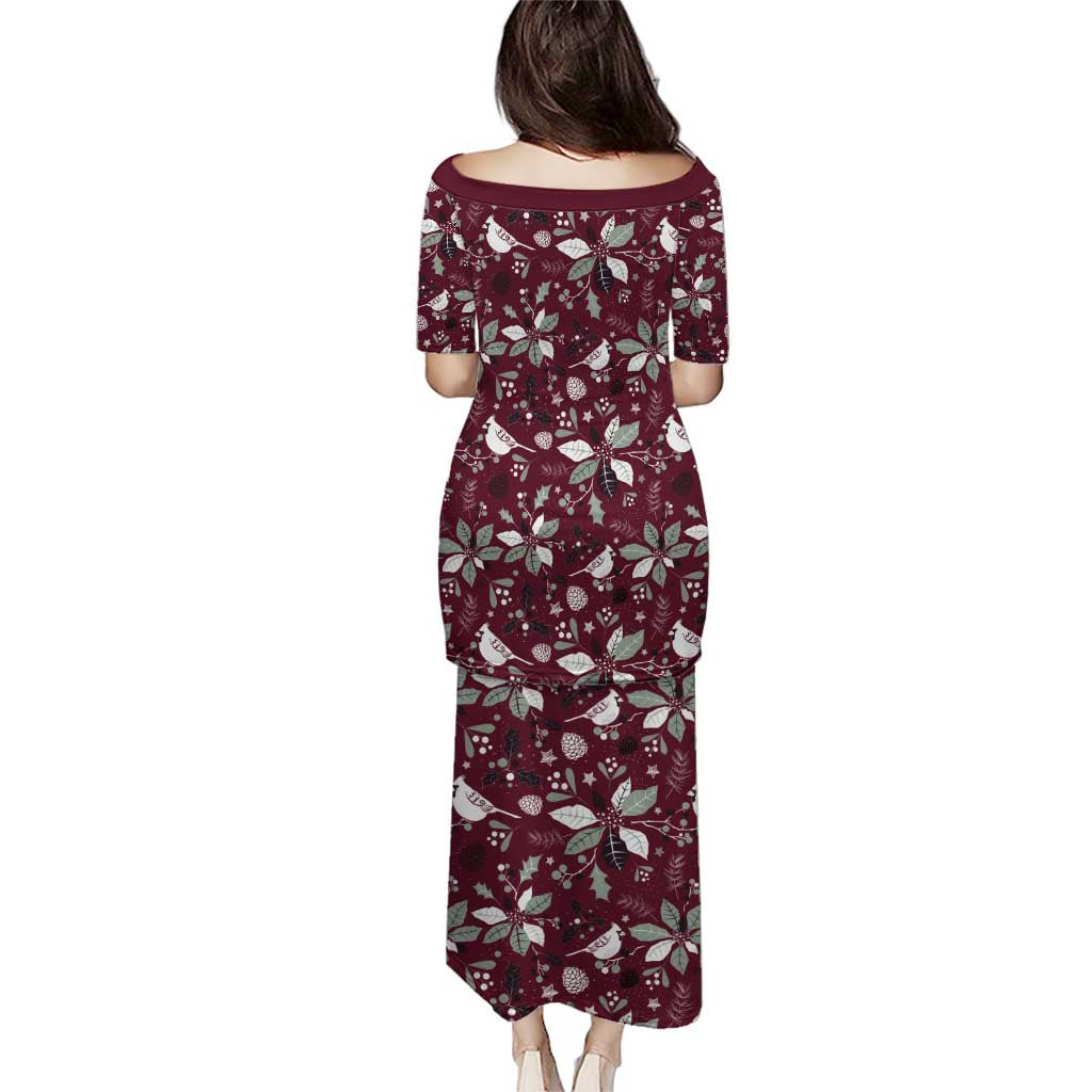 Wine red long back dress with short sleeves and festive leaf pattern