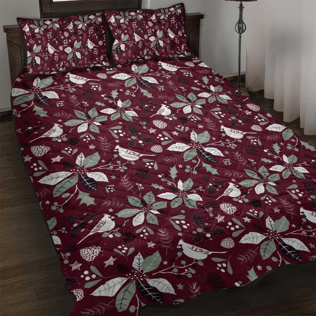 Wine red quilt bed set with holly, leaf, and bird pattern, includes matching pillow shams