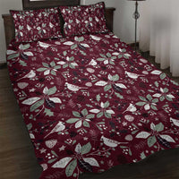 Wine red quilt bed set with holly, leaf, and bird pattern, includes matching pillow shams
