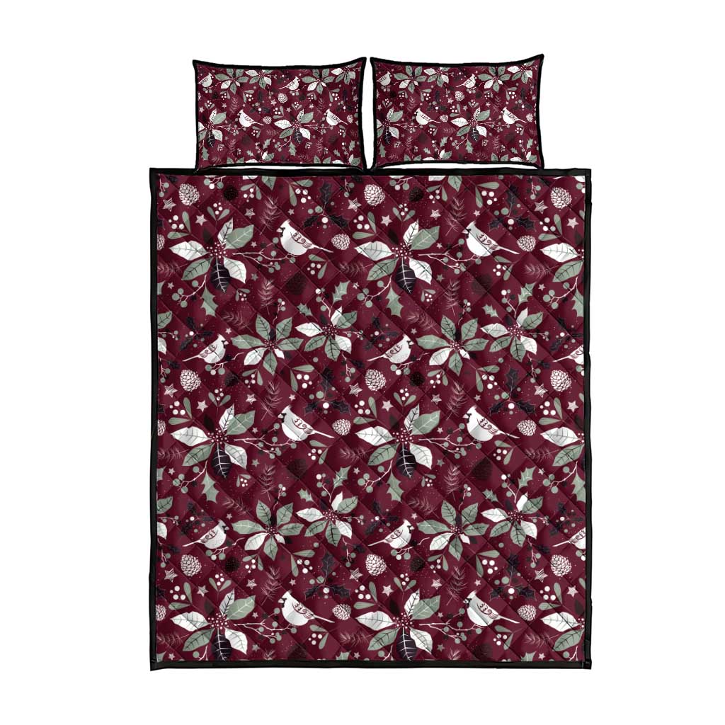 Wine red quilt bed set with holly leaf and bird pattern, two square pillow shams shown