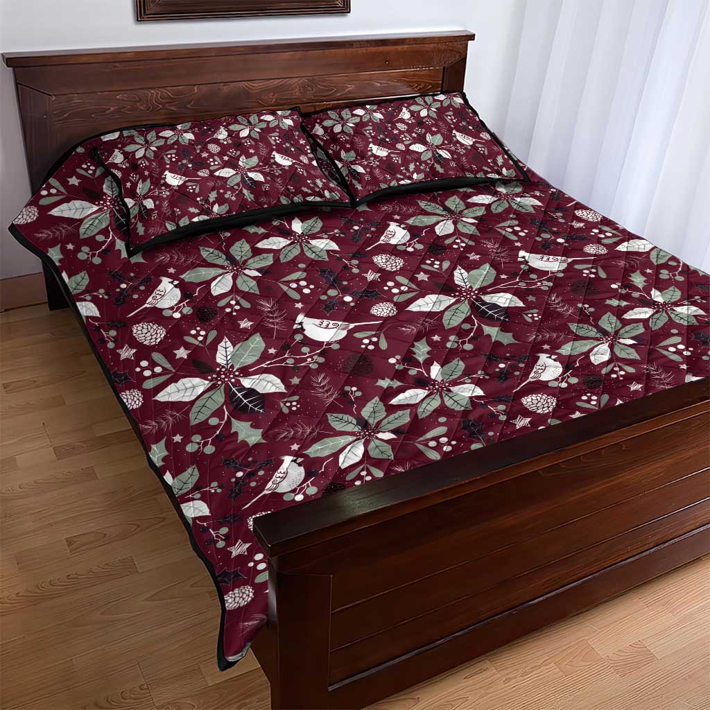 Wine red quilt bed set with holly leaf and bird pattern, quilt cover and pillow shams displayed