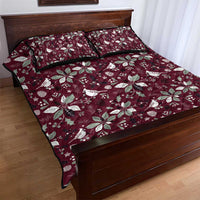 Wine red quilt bed set with holly leaf and bird pattern, quilt cover and pillow shams displayed