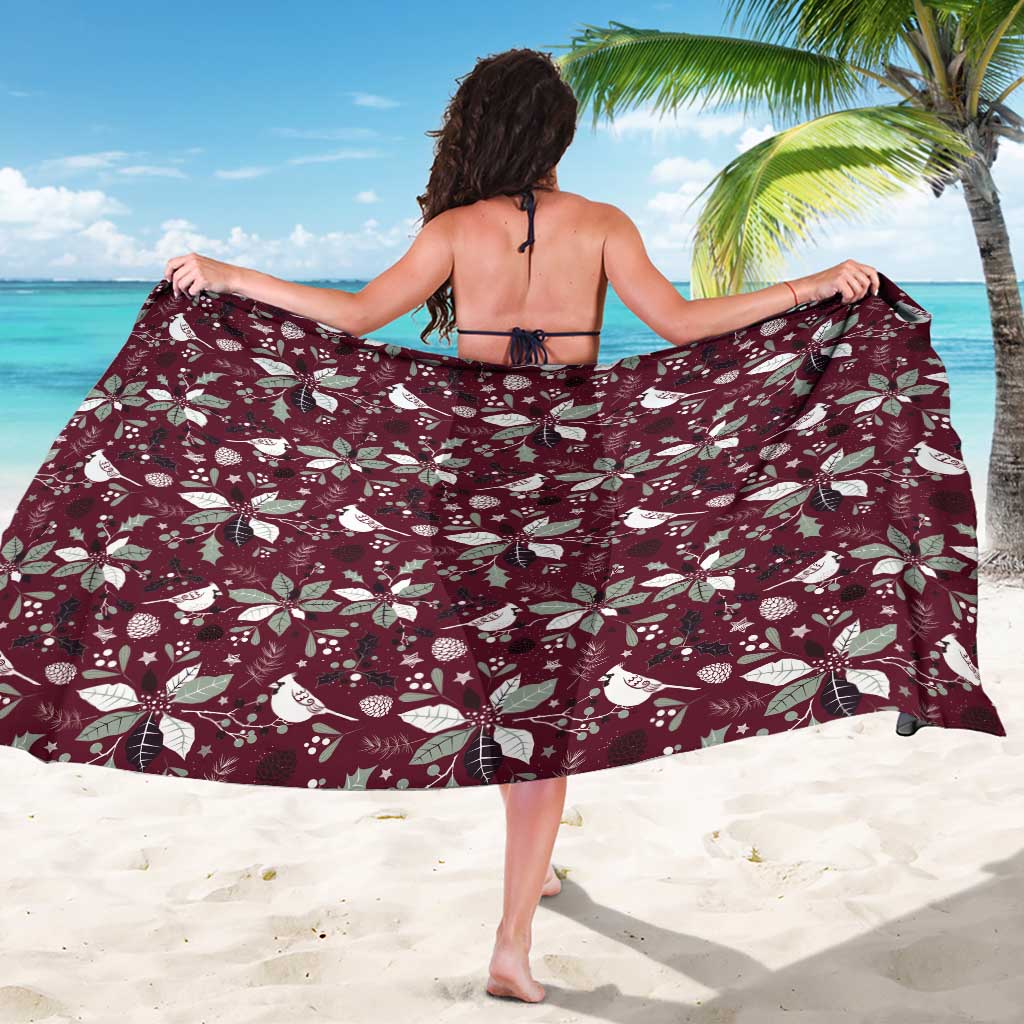 Wine-red holiday floral sarong wrap, back view with tied neck