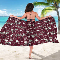 Wine-red holiday floral sarong wrap, back view with tied neck