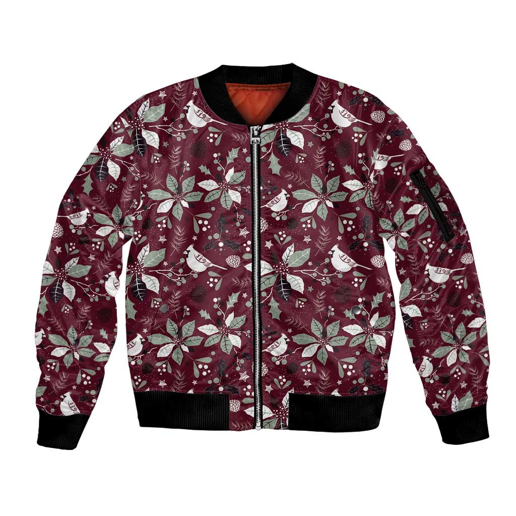 Wine red unisex bomber jacket with full zip, ribbed black cuffs, and holiday pattern