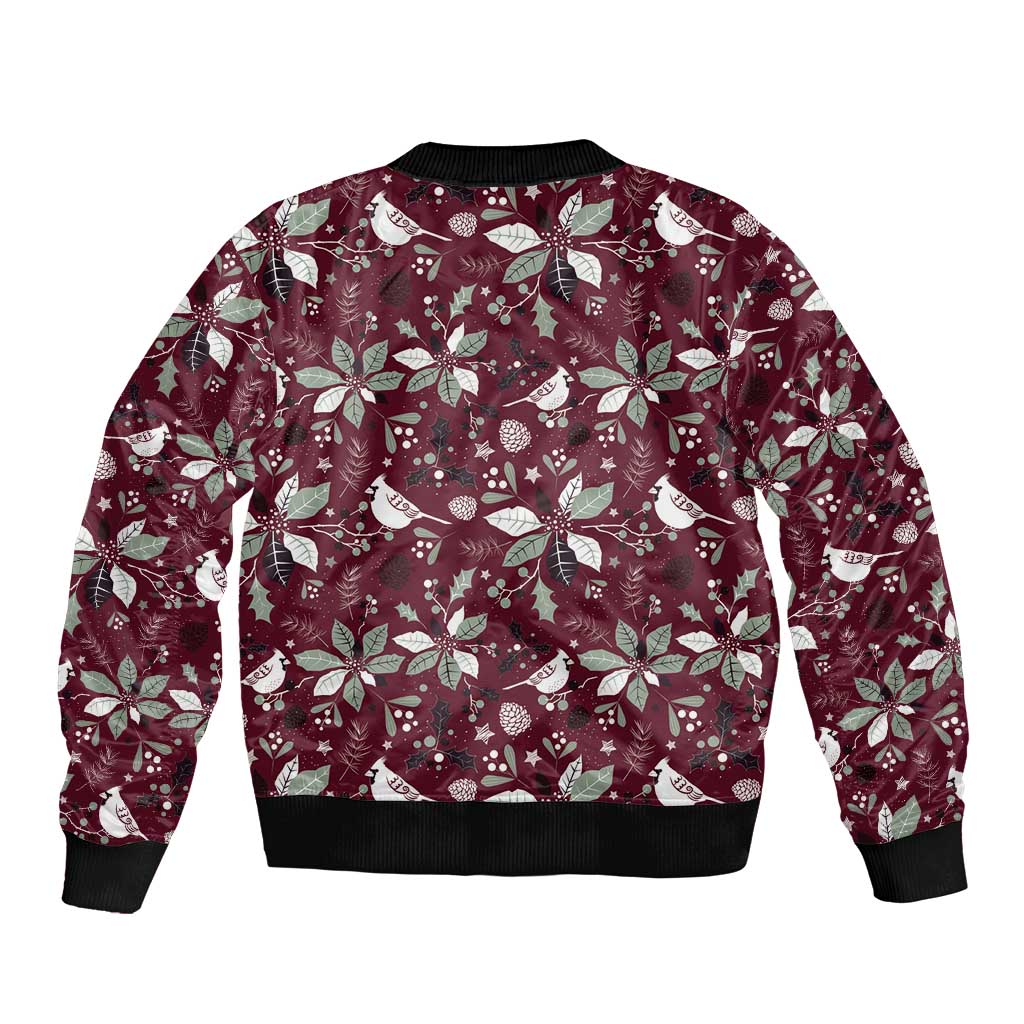 Wine red unisex bomber jacket with holiday print, ribbed black hem and cuffs
