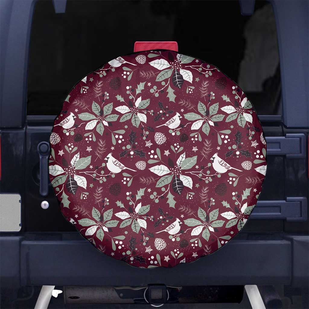 Maroon circular spare tire cover with white Christmas bird and leaf pattern