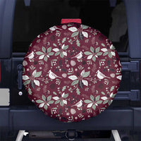 Maroon circular spare tire cover with white Christmas bird and leaf pattern