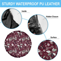 Maroon waterproof PU leather spare tire cover with hidden closure, decorative print