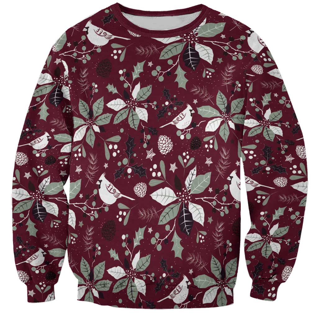 Unisex crewneck sweatshirt in dark red with white Christmas bird and leaf pattern