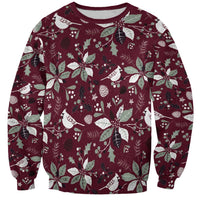 Unisex crewneck sweatshirt in dark red with white Christmas bird and leaf pattern