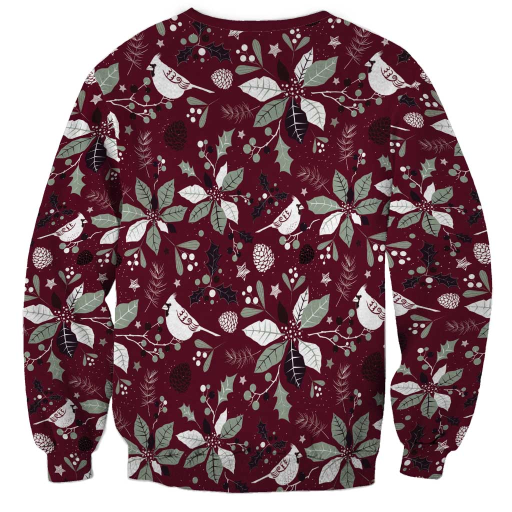 Unisex crewneck sweatshirt in dark red with white Christmas pattern, long sleeves