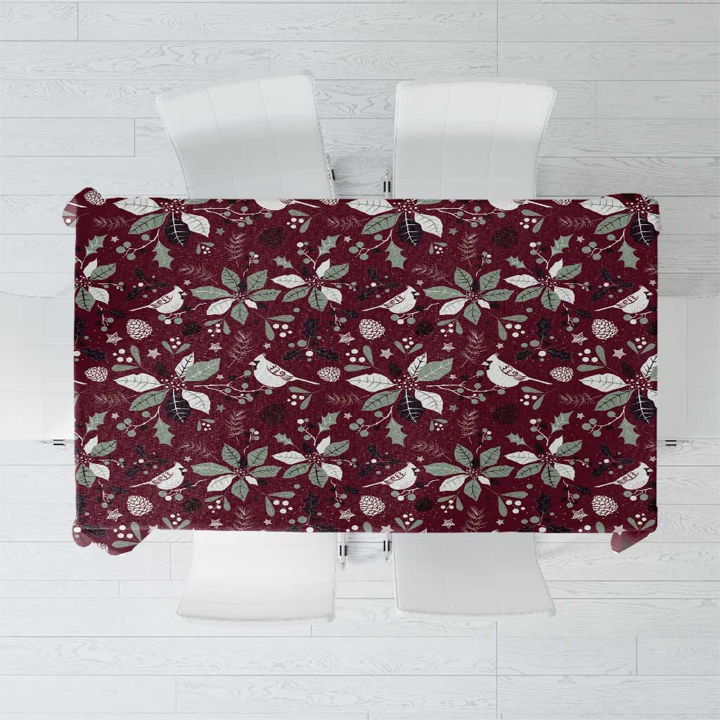 Wine red Christmas tablecloth with poinsettia and holly pattern, rectangular coverage