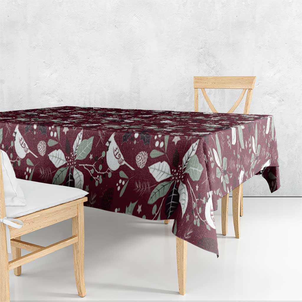 Wine red Christmas tablecloth with poinsettia and holly pattern, straight folded edge