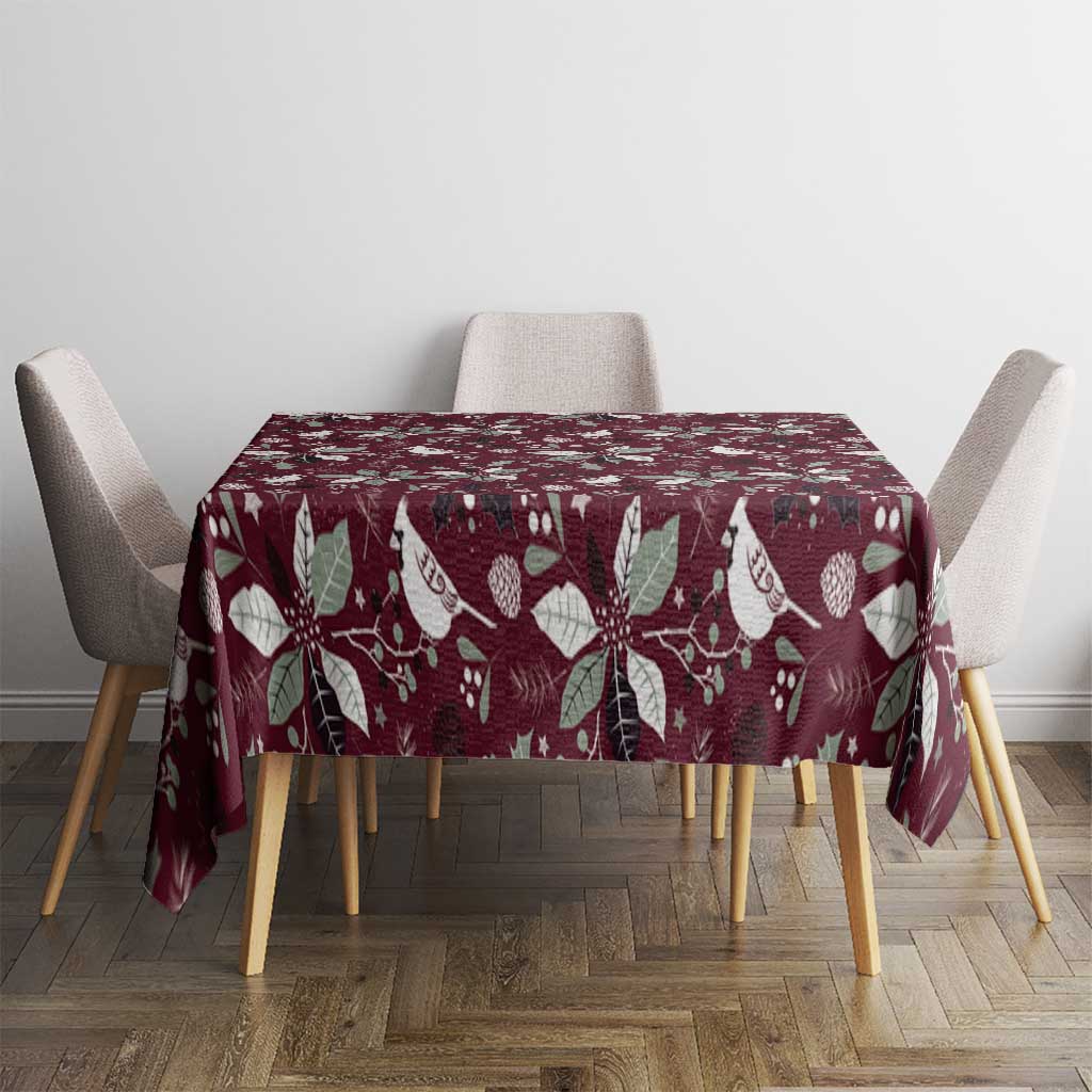 Wine red Christmas tablecloth for dining table with poinsettia and holly design