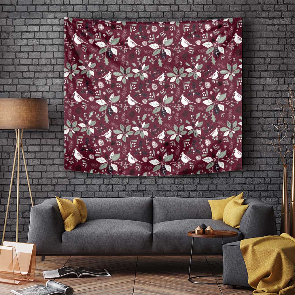 Hanging Christmas tapestry in wine-red with bird and poinsettia pattern