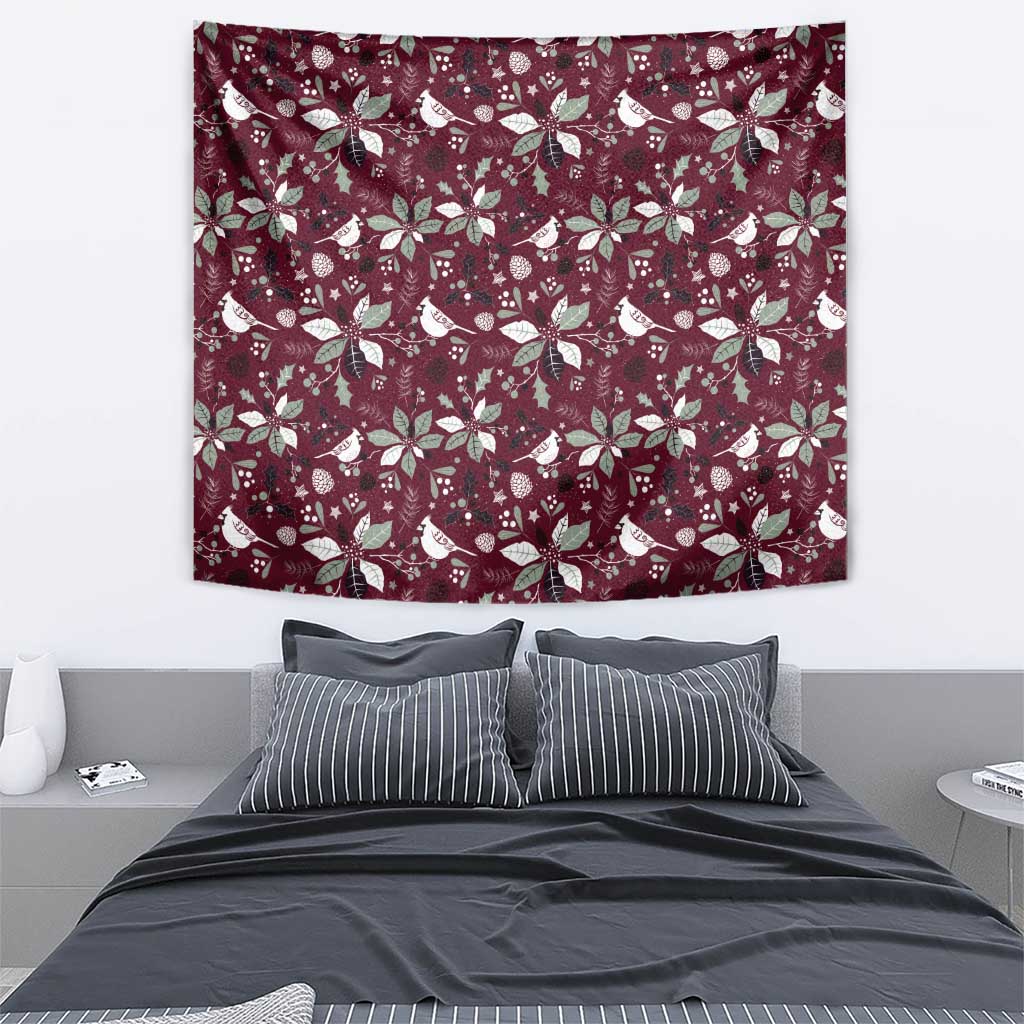 Christmas tapestry wine-red with repeating bird, leaf, and flower motif