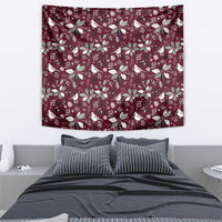 Christmas tapestry wine-red with repeating bird, leaf, and flower motif