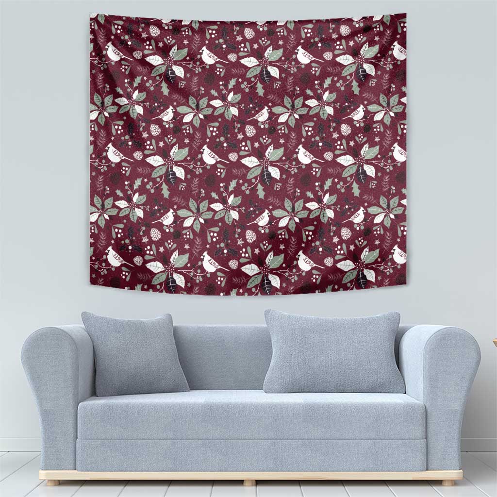 Christmas tapestry wine-red with bird and poinsettia pattern, wall-hanging