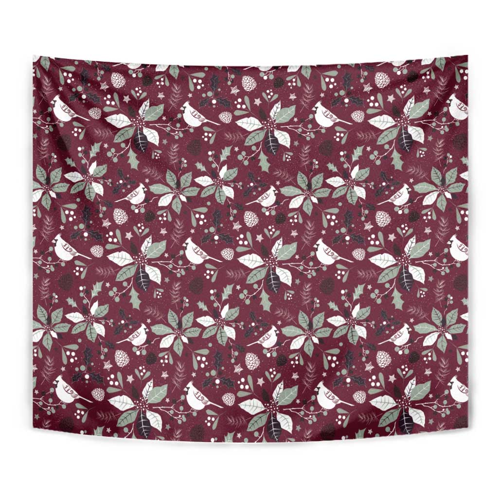 Wine-red Christmas tapestry featuring white birds and poinsettias