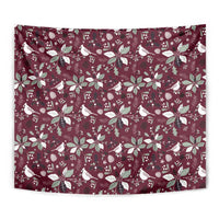 Wine-red Christmas tapestry featuring white birds and poinsettias
