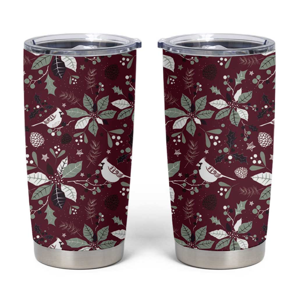 Red Christmas tumbler cup with bird, holly, and poinsettia pattern; clear snap lid