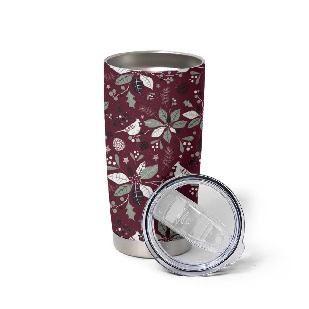 Red insulated tumbler with matching round lid open; winter birds and poinsettia pattern