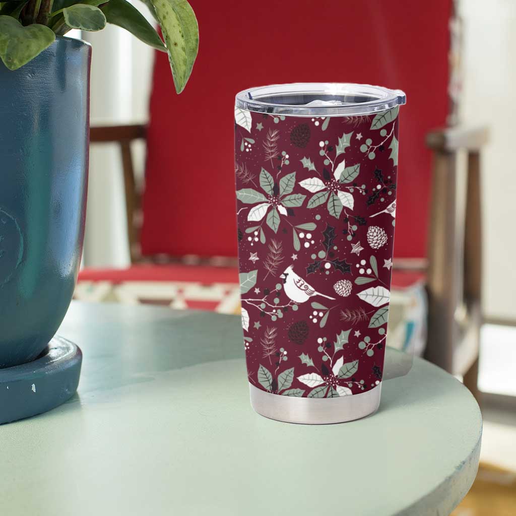 Red Christmas tumbler cup with bird-and-poinsettia pattern; clear lid; stainless base