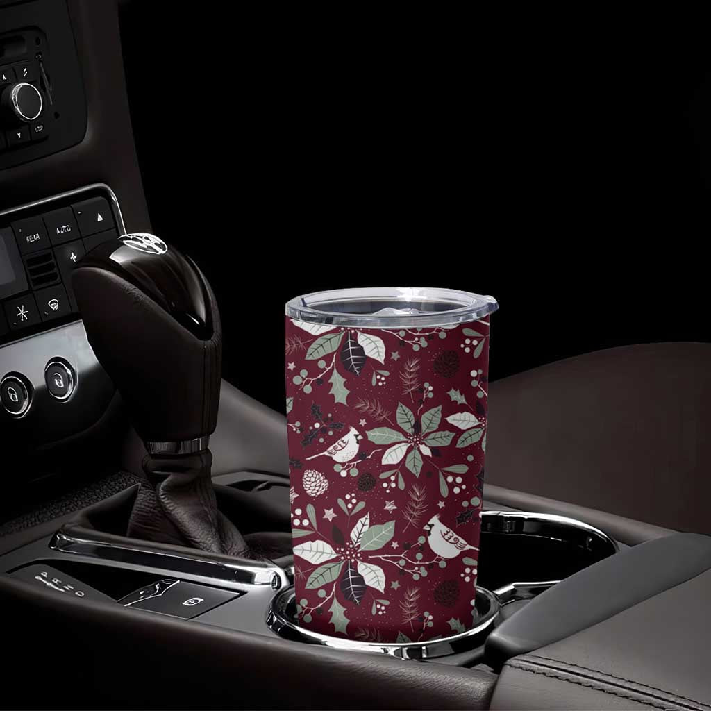 Red Christmas tumbler cup with bird and poinsettia pattern; clear lid; stainless base